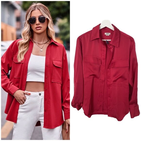 Jason Wu Red Satin Oversized Button down Small NWT - Picture 1 of 10